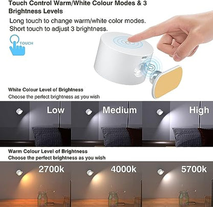 Deyagoo LED Wall Sconce, Rechargeable Wall Light with Remote-White | 3 Colors, Dimmable, Magnetic Rotating Head, 360 Degree Rotate - color: A-White