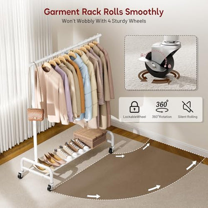 SLEEPING LAMB Heavy Duty Clothes Racks for Hanging Clothing Rack, 43" Wide Rolling Garment Rack Metal Wardrobe Rack with Wheels Closet Hanger Rack for Coats, Shirts, Dress, (White) - color: White, style: Single Rod