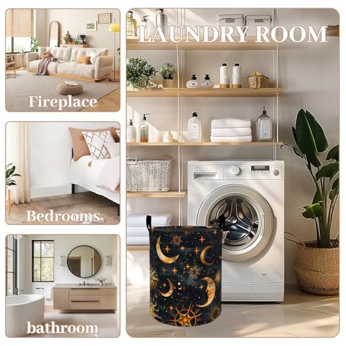 Moon and Sun Laundry Basket, Oxford Cloth Mystical Dreamy Dirty Clothes Collapsible Hamper for Room Decor, Star Celestial Print Gifts Toy Organizer 19.7 * 15.7 Inch for Bedroom Bathroom Dorm - style: Moon and Sun