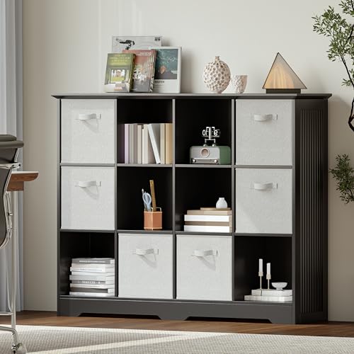 VORONOI 12 Cube Storage Organizer with 6 Fabric Drawers and Removable Shelves — Modular Cube Bookshelf for Bedroom, Living Room, or Home Office, Short Cube Bookcase for Toys, Decor, Black - color: Black, size: 12-Cube