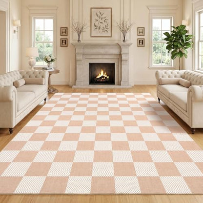 GarveeHome Checkered Blush Beige 8x10 Washable Rug Low-Pile Bedroom Nursery | Non-Slip Blush Beige Soft Stain Resistant Rug for Bedroom Bathroom Living Room Geometric Modern Rug TPE Backing - color: Blush Beige, size: 8' x 10' (Rectangular)