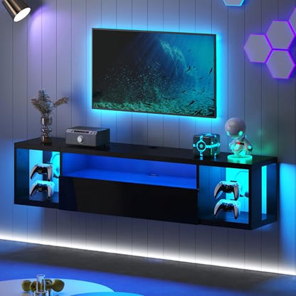 DlandHome 55.1" W Floating TV Stand with LED, Wooden Entertainment Center | Wall Mounted TV Shelf for 50/55/60/65" TV, Media Console with Storage Shelves, Floating Entertainment Center, Black - size: 55.1'' Black