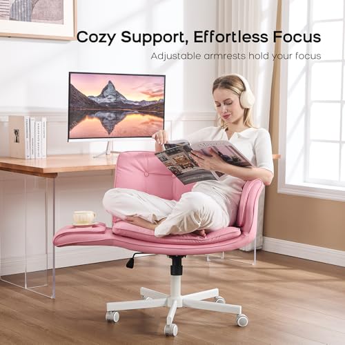 amseatec Criss Cross Office Chair, Swivel Makeup Vanity Chair with Wheels | Wide PU seat supports cross-legged, fidget-friendly sitting; 5-level armrests create pet space; wipe-clean finish eases care - color: Pink
