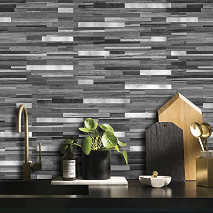 DICOFUN 10-Sheet Peel and Stick Backsplash Tile, Black & Grey Wood Look PVC Mixed Metal Stick on Backsplash Tiles for Kitchen, 9.4 sq.ft - color: Black Wood and Metal Silver, size: 10 Sheets, 12’’x12’’x0.12’’