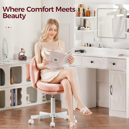 GTPLAYER Velvet Tall Office Chair with Wheels Vanity Chairs with Back, Versatile Height Use: Office to Bar Stools Small Ergonomic Comfy Armlees Computer Desk Chair with Bow Lumbar Pillow for Gift - color: Ve-pink