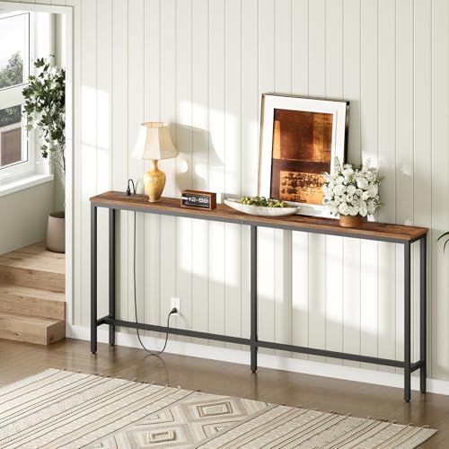 MAHANCRIS 70.9'' Console Table with Power Outlet, Narrow Sofa Table with Charging Station, Skinny Behind Couch Table for Entryway, Hallway, Foyer, Living Room, Rustic Brown CTHR18E01Z1 - color: Rustic Brown, Black, size: 70.9"L x 7.9"W x 31.7"H