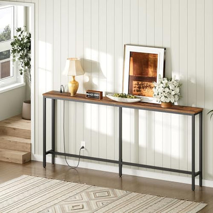MAHANCRIS 70.9'' Console Table with Power Outlet, Narrow Sofa Table with Charging Station, Skinny Behind Couch Table for Entryway, Hallway, Foyer, Living Room, Rustic Brown CTHR18E01Z1 - color: Rustic Brown, Black, size: 70.9"L x 7.9"W x 31.7"H