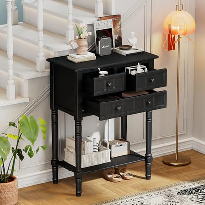 Merax Narrow Console Table, Elegant Slim Entryway Table Sofa Table with Three Storage Drawers and Bottom Shelf for Entryway for Hallway, and Living Room (Black) - color: Black