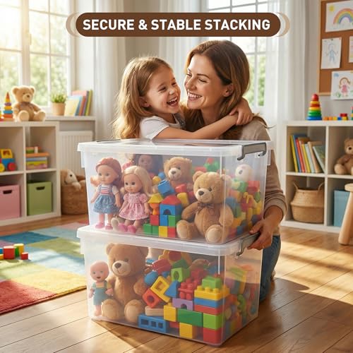 Citylife 48 Qt Ultra-Thick (3.82mm) Clear Plastic Storage Bins with Lids, 4-Pack Stackable Straight-Wall Closet Organizers with Honeycomb Base & Pinch-Free Latches for Garage, Clothes & Holiday Decor - size: 48 QT, style: 4 Pack