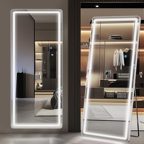 Antok LED Full Length Mirror with Light, 56"x20" Lighted Full Body Mirror with Stand, Dimmable & 3 Color Lighting Standing/Leaning/Wall Mounted Vanity Mirror for Bedroom Cloakroom Livingroom(Rect) - size: 56"L x 20"W, style: Rect Style