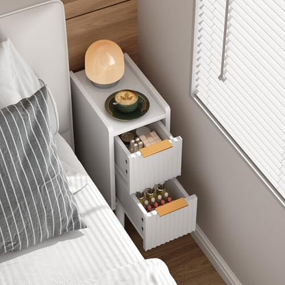 ELYKEN 7.9" Fluted Narrow Nightstand, 20.6" H Skinny Side Table, White | Compact Design for Small Spaces, 2 Drawers, Modern White Finish, Perfect as Bedside Table, End Table or Sofa Side Table - color: White-1 Pcs
