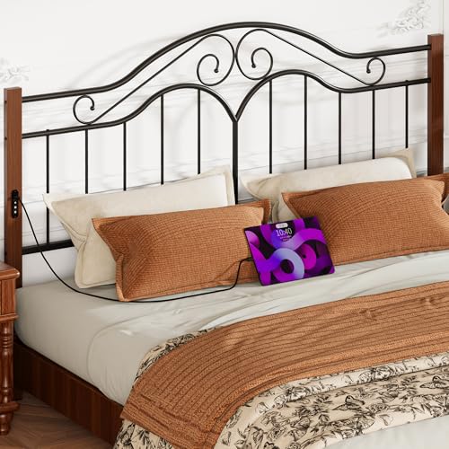 Headboard for King Size Bed Frame with Charging Station USB & Type C Ports | Vintage Platform Bed Headboard Only,Adjustable,Iron Legs,Easy Assembly,Black - color: Wood Grain+black, size: King