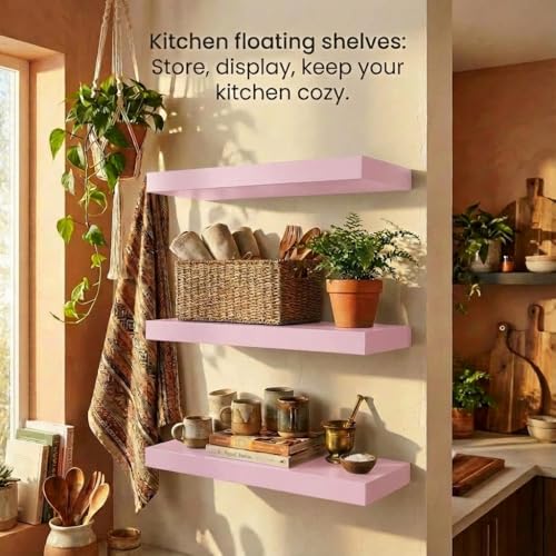 SAUMONIERES Floating Shelves Wall Shelf Solid Wood for Bathroom Bedroom Kitchen Set of 3, Pink Wall Shelves - color: Pink, size: 16 Inch-3 shelves
