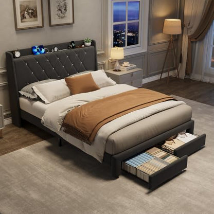 Garvee Full Size Bed Frame with Storage, Velvet Upholstered Platform Bed Frame with Crystal Tufted Headboard, Charging Station, 2 Drawers, No Box Spring Needed, Noise-Free,for Bedroom, Dark Gray | Velvet Upholstered Platform Bed Frame with Crystal Tufted