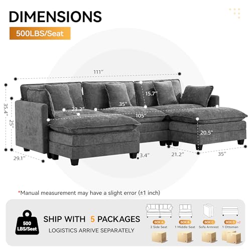 111'' Sectional Cloud Deep Seat Couch, Oversized Chenille U Shaped Sectional Sofa for Living Room Set, Comfy Upholstered Modular 3-Seats Sectional Sofa Couch with 2 Movable Ottoman, Grey - color: Grey, size: 111'' U Shape