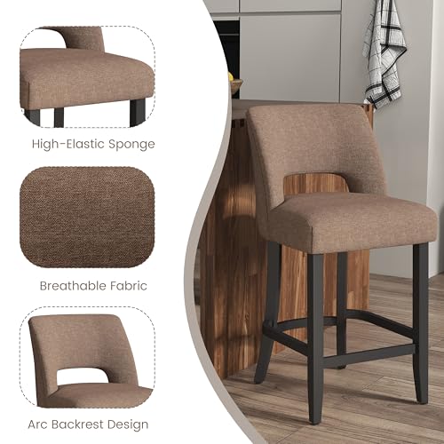 VKNOW Bar Stools Set of 4, 26" Upholstered Counter Height Bar Stools | Modern Counter Stools with Black Rubberwood Legs for Kitchen Island Dining Room Bar, Brown-Black Legs - color: Brown-black Legs, size: Set of 4