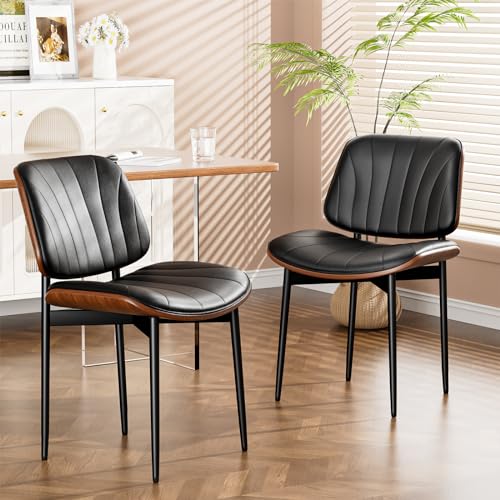 YaFiti Mid Century Dining Chairs Set of 2 with Walnut Bentwood, Black | Ergonomic Walnut Backrest, Upholstered Waterproof PU Leather Seat, Stable Metal Legs, Adjustable Footpads, Apartment Friendly - color: Black Scallop
