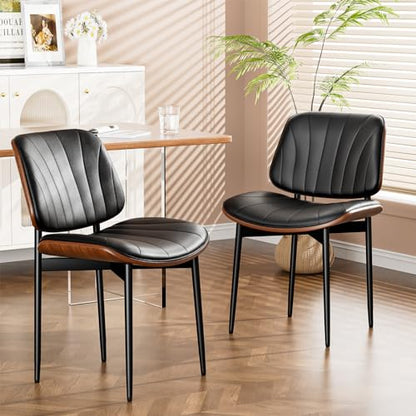 YaFiti Mid Century Dining Chairs Set of 2 with Walnut Bentwood, Black | Ergonomic Walnut Backrest, Upholstered Waterproof PU Leather Seat, Stable Metal Legs, Adjustable Footpads, Apartment Friendly - color: Black Scallop