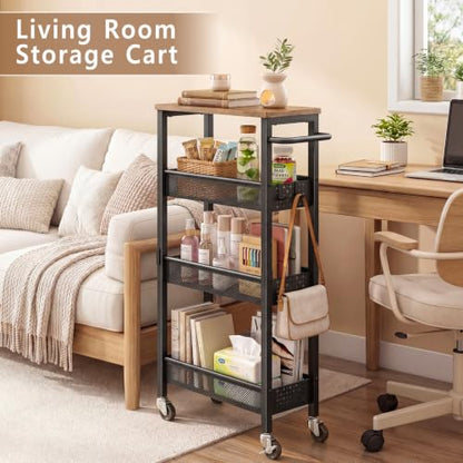 Slim Storage Cart with Wheels, 4 Tier Metal Rolling Organizer with Wood Top and Handle, Narrow Utility Shelf for Kitchen Bathroom Laundry Room, Black - color: Black-7.1inch