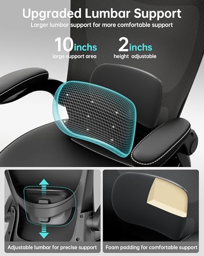Office Chair, PU Leather Ergonomic Desk Chair with Adjustable Lumbar Support and Flip up Armrest, Breathable Mesh Computer Chair for Home Office, Black - color: Nori Black (Pu Leather Seat)