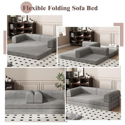 Garvee 78" Convertible Sleeper Sofa Bed, Plush Corduroy Futon Loveseat, Folding Floor Couch with Fixed Frame, Pull Out Bed, No Assembly Modern Living Room Sofa Furniture (Grey)