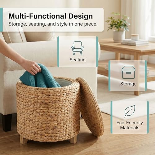 DEILSY™ Round Ottoman with Storage Water Hyacinth Wicker Ottoman with Lid | Handwoven round storage ottoman, wicker ottoman with lid, ideal as extra seating, blanket storage and home organization