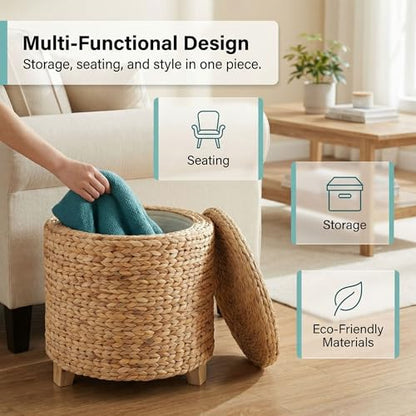 DEILSY™ Round Ottoman with Storage Water Hyacinth Wicker Ottoman with Lid | Handwoven round storage ottoman, wicker ottoman with lid, ideal as extra seating, blanket storage and home organization