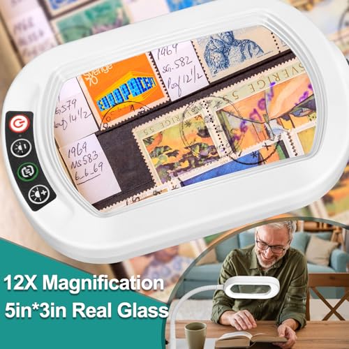 IVMAIE 12X Magnifying Glass with Light and Stand Magnifier with Light Hands Free Lighted Magnifying Desk Lamp Dimmable for Close Work Craft Read Cross Stitch Sewing Repair Hobby Rectangular White - color: White