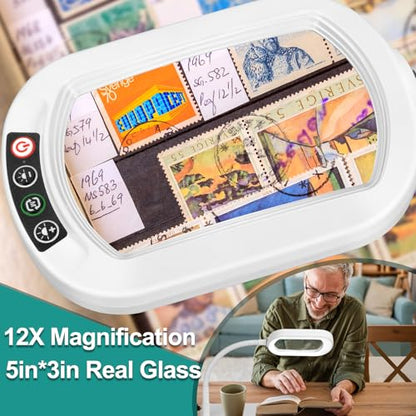 IVMAIE 12X Magnifying Glass with Light and Stand Magnifier with Light Hands Free Lighted Magnifying Desk Lamp Dimmable for Close Work Craft Read Cross Stitch Sewing Repair Hobby Rectangular White - color: White