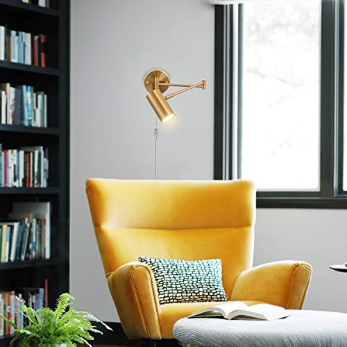 Gold Plug in Wall Sconces Set of 2 | Modern Swing Arms Wall Lamp, Plug-in Cord, Adjustable Wall Light, Light Source Included - color: A-Gold-2 Pack