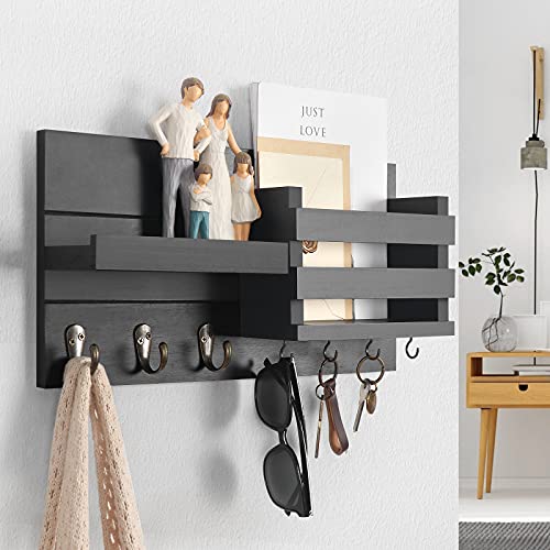Lwenki Mail Organizer for Wall Mount – Key Holder with Shelf Includes Letter Holder and Hooks for Coats, Dog Leashes – Rustic Wood with Flush Mounting Hardware (16.5” x 8.7” x 3.5”) - color: Black