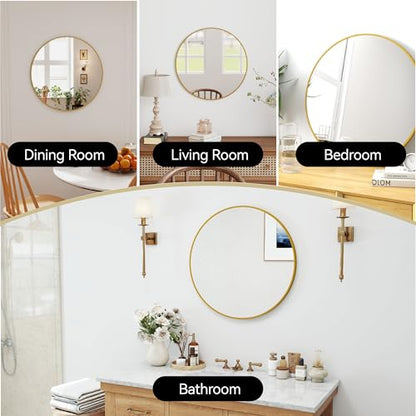 SCWF-GZ 24" Round Mirror Circle Wall Mounted Hanging or Against Wall Metal Frame Dressing Make-up Mirrors for Entryway Bedroom Bathroom Living Room 24 inch Gold | HD Crystal Clear No distortion Tempered Glass,Aluminum Frame,Make-Up Mirrors for Bedroom,Ent