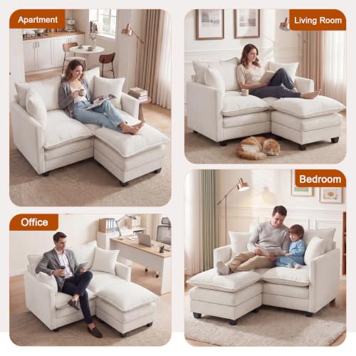 50'' Loveseat Sofa Set with Ottoman, Small Couch Set 2 Piece Cloud Love Seat 27" Deep Seat Washable Pillows Couches for Small Spaces Apartment Living Room, Beige - color: Beige, size: 50"+50"L