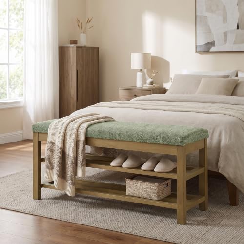 VKNOW 44.3” Entryway Bench, 2-Tier Upholstered Shoe Storage Bench, Green | Shoe Bench with Rubberwood Legs, Shoe Rack for Entryway, Hallway, End of Bed, Living Room - color: Green1