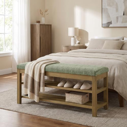 VKNOW 44.3” Entryway Bench, 2-Tier Upholstered Shoe Storage Bench, Green | Shoe Bench with Rubberwood Legs, Shoe Rack for Entryway, Hallway, End of Bed, Living Room - color: Green1