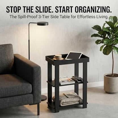 3-Tier Narrow Side Table with Tray Top, Slim Side Table, Black | Farmhouse Narrow End Table with Storage, Modern Slim Table Nightstand for Small Spaces, Bedroom or Living Room - color: Black