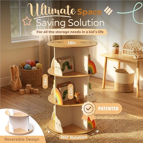 pimlyo® Rotating Bookshelf Kids with Removable Light, Spinning Book Shelf for Kids Rooms for Toddler Kid Room Storage, Small Wooden Round White Tower Bookcase for Nursery Bedroom Playroom Rooms