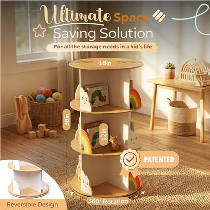pimlyo® Rotating Bookshelf Kids with Removable Light, Spinning Book Shelf for Kids Rooms for Toddler Kid Room Storage, Small Wooden Round White Tower Bookcase for Nursery Bedroom Playroom Rooms