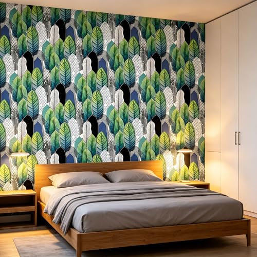 Tropical Abstract Watercolor Green Leaf Peel and Stick self Adhesive Wallpaper - 128''x32'' - color: X07, size: 128"x32"