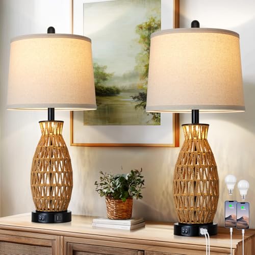 CINSARY 27" Rattan Table Lamps Set of 2 with Night Light, Boho Wicker Bedside Lamp for Bedroom with USB A+C Ports, Coastal Handwoven Woven Nightstand Lamps, Nautical Living Room Lamp for End Table - color: Rattan(2 Pack)