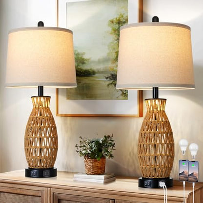 CINSARY 27" Rattan Table Lamps Set of 2 with Night Light, Boho Wicker Bedside Lamp for Bedroom with USB A+C Ports, Coastal Handwoven Woven Nightstand Lamps, Nautical Living Room Lamp for End Table - color: Rattan(2 Pack)