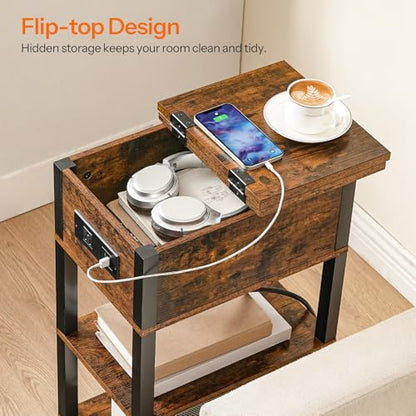 HOOBRO End Table with Charging Station, Flip Top Side Table with USB Ports, Narrow Nightstand Bedside Tables with Storage Shelves, for Small Space, Living Room, Rustic Brown and Black BF141UBZ01 - color: Rustic Brown + Black