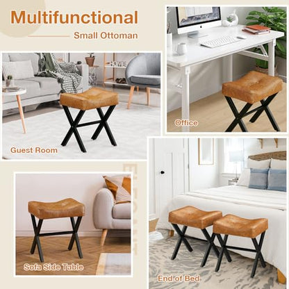 18-Inch Leather Vanity Stool Chair, Brown Saddle Vanity Stool | Vanity Bench, Metal X-Leg, Ottoman Accent Stool, Thick Padded Saddle Seat, 300 LBS, 16.3"x12.4"x18", For Bedroom, Closet - size: Small, style: Brown Leather