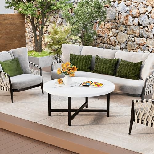 Round Coffee Table, 31.5" White Coffee Table, Coffee Tables for Living Room | Circle Wooden Coffee Table, Large Modern Center Table with Metal Frame for Office Apartment Home Small Space - color: 31.5"d Round White