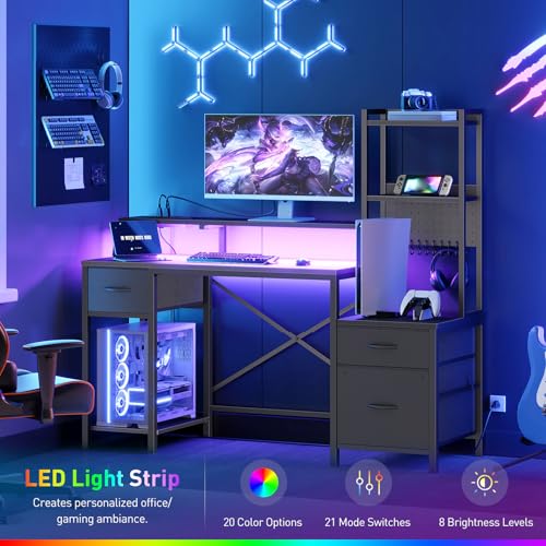 55" Gaming Desk with Power Outlet & LED Light, Computer Desk with Fabric Drawers, Storage Shelves & Monitor Stand, Industrial Gaming Table with Side Hook, Black