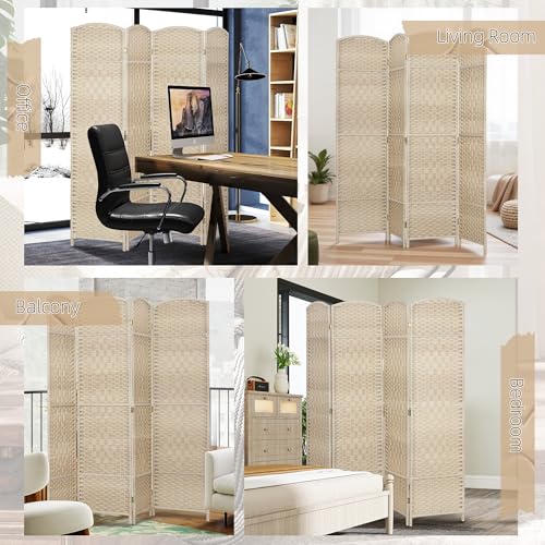 HOMCOM 4 Panel Room Divider 6 Ft Privacy Screen Hand-Woven Washed Oak | Folding PP Wall Partition, Pine Wood Frame, Freestanding Room Separator, Bedroom Home Office, No Assembly - color: Washed Oak, size: 4 Panel