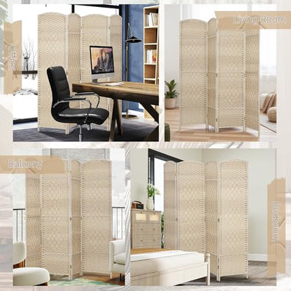 HOMCOM 4 Panel Room Divider 6 Ft Privacy Screen Hand-Woven Washed Oak | Folding PP Wall Partition, Pine Wood Frame, Freestanding Room Separator, Bedroom Home Office, No Assembly - color: Washed Oak, size: 4 Panel