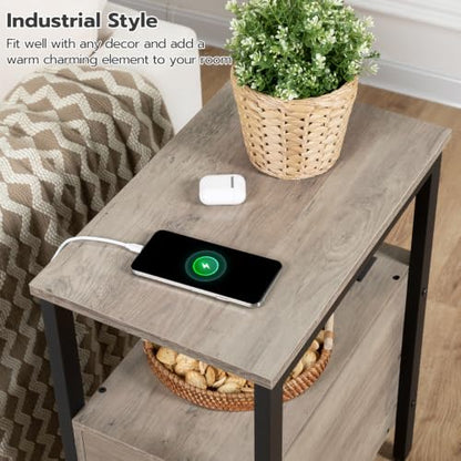 HOOBRO End Table with Charging Station, Narrow Side Table with 2 Drawers & USB Ports & Power Outlets, Nightstand for Small Spaces, Bedroom, Living Room, Stable and Sturdy, Greige and Black BG541BZ01 - color: Greige + Black