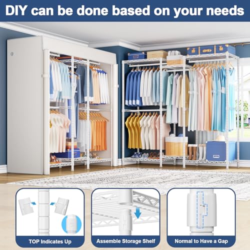 E12C Heavy Duty Closet Organizer System，Freestanding Clothing Rack, Adjustable Garment Rack 57.1" W x 16" D x 76.5" H Holds 860 lbs, White Clothing Rack with White Dustproof Cover - color: White Rack With White Cover, size: E12C
