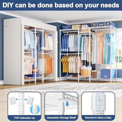 E12C Heavy Duty Closet Organizer System，Freestanding Clothing Rack, Adjustable Garment Rack 57.1" W x 16" D x 76.5" H Holds 860 lbs, White Clothing Rack with White Dustproof Cover - color: White Rack With White Cover, size: E12C